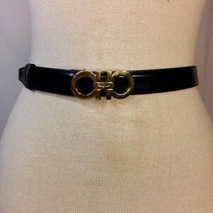 Salvatore Ferragamo Black Leather Belt with Gold Double Gancini Buckle
